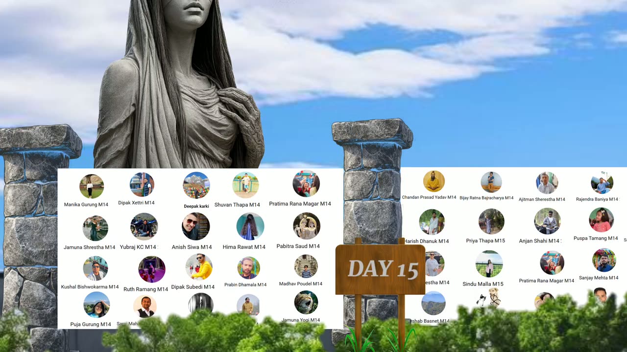 Animated memory palace scene with a statue and student grid